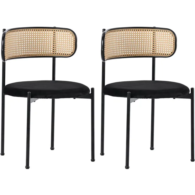 Merax Eetkamerstoelen Set Van 2 - Velours Stoelen Met Rattan Rugleuning - Moderne Design Stoel Met Metalen Poten Voor Eetkamer Woonkamer Of Slaapkamer Zwart