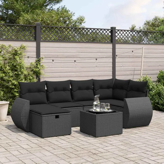 vidaXL 7-delige Loungeset met kussens poly rattan zwart, foto 2