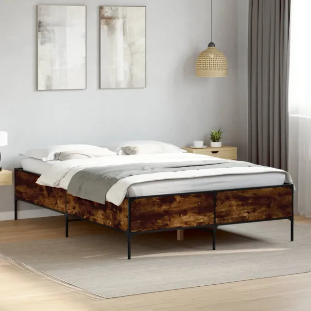 vidaXL Bedframe bewerkt hout metaal gerookt eikenkleurig 150x200 cm