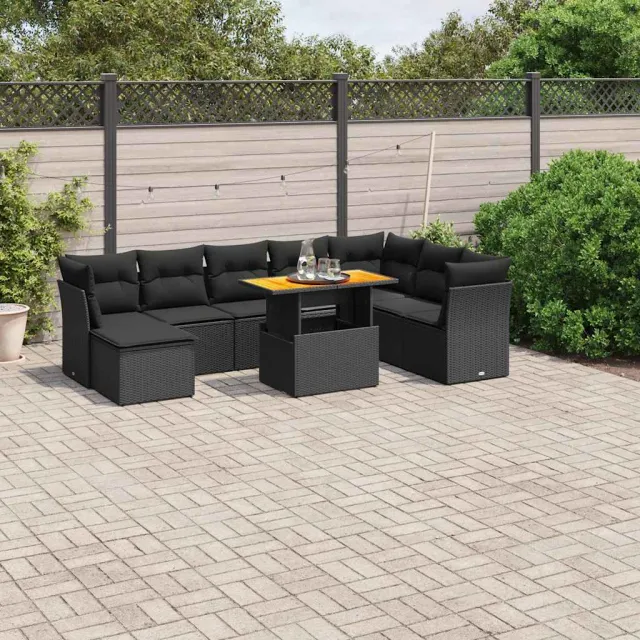 vidaXL 9-delige Loungeset met kussens poly rattan zwart, foto 2