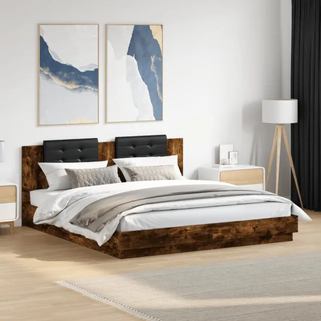 vidaXL Bedframe met hoofdbord en LED gerookt eikenkleur 200x200 cm Bruin