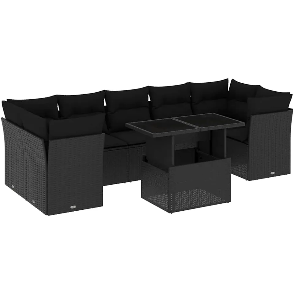 vidaXL 8-delige Loungeset met kussens poly rattan zwart