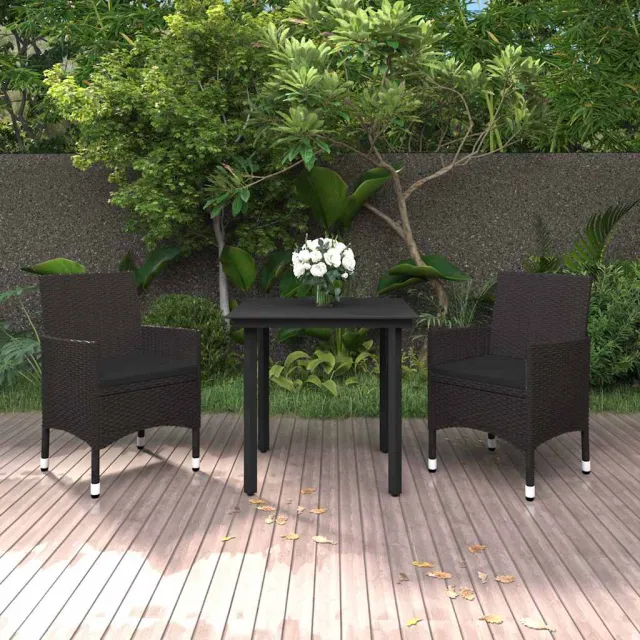 vidaXL 3-delige Tuinset met kussens poly rattan en glas zwart, foto 2