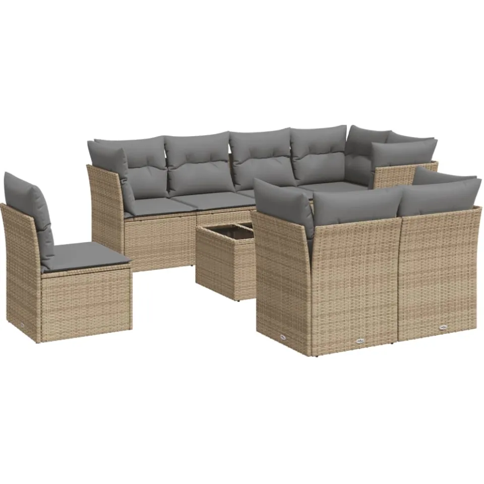 vidaXL 9-delige Loungeset met kussens poly rattan beige