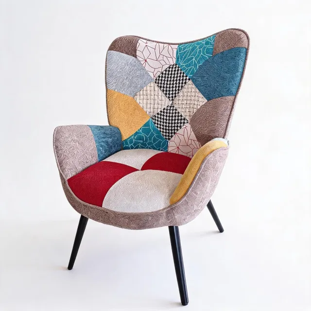 HOERFURIY Fauteuil Patchwork met Houten Poten - Oorfauteuil voor Woonkamer Meerkleurig