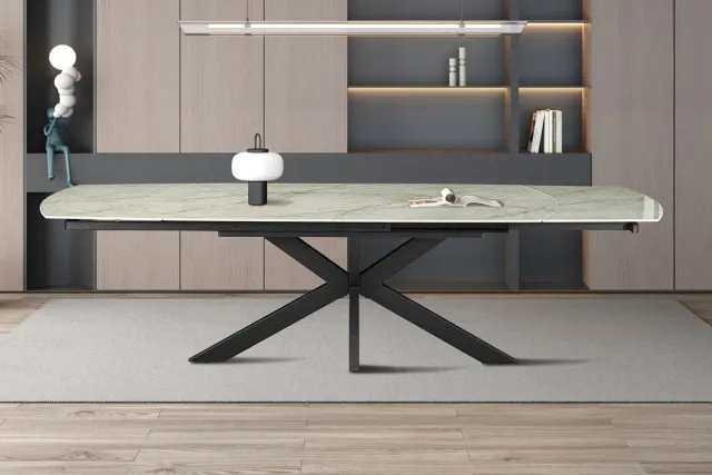 Rousseau Uitschuifbare Eettafel Ares 160-240 x 90 cm – Deens Ovalen vorm – beige glanzende Marmerlook – Zwart Metalen Onderstel