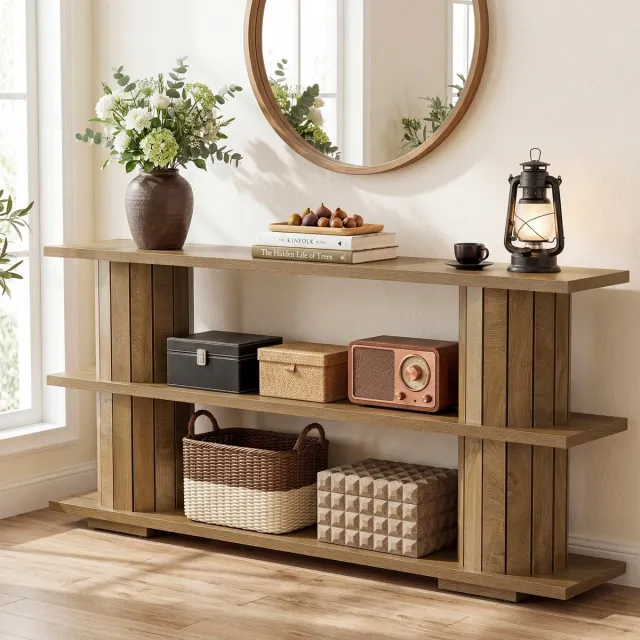 Little Trees LITTLE TREE Consoletafel Met Opbergruimte - 160 x 30 x 85 cm - Lange Smalle Bijzettafel - 3‑laags schappen - Voor Woonkamer, Hal en Ingang - Lichtbruin