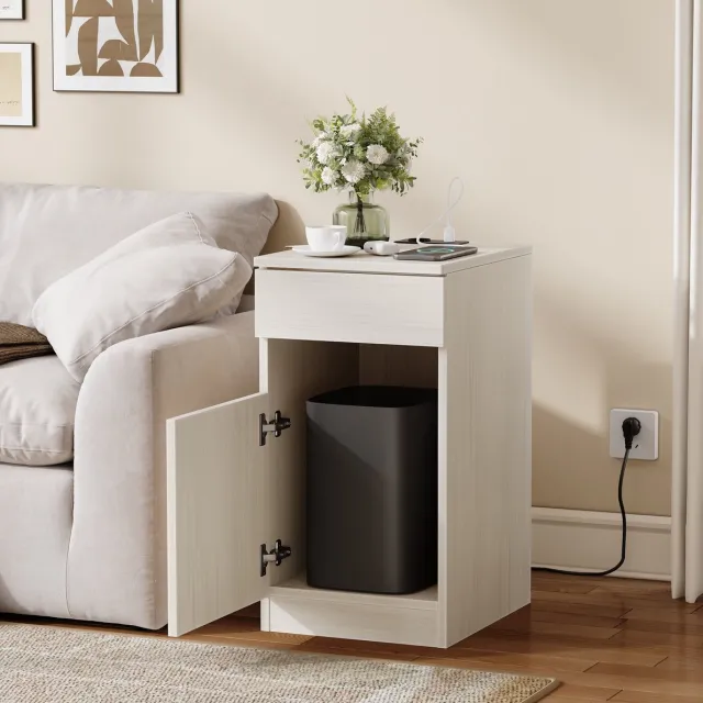MEUNIQ Nachtkastje met USB-A, USB-C en stopcontact, lade en prullenbak, 33 x 40 x 61,5 cm, wit met licht houtlook voor slaapkamer