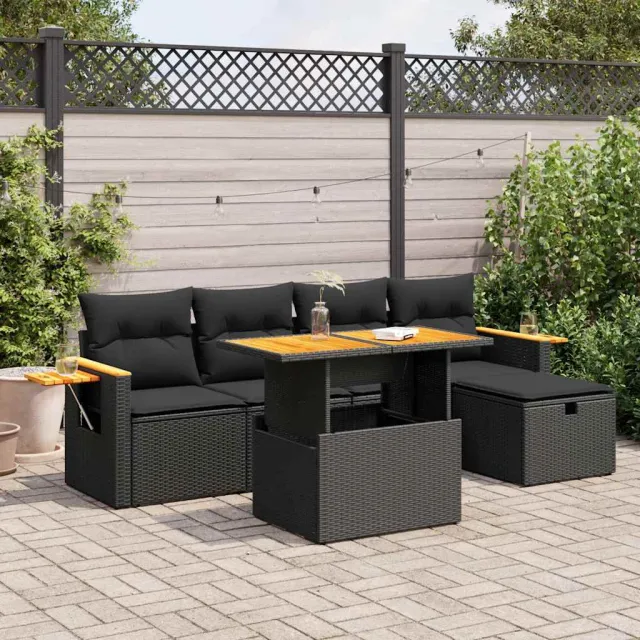 vidaXL 6-delige Loungeset met kussens poly rattan zwart, foto 2