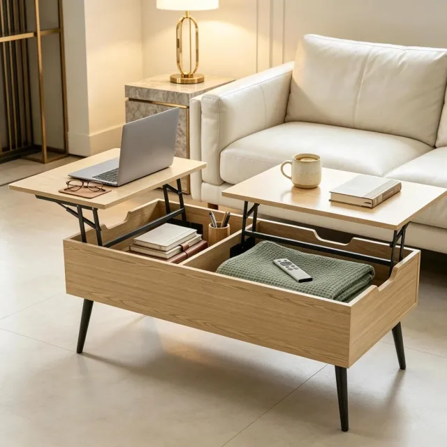 REDOM Salontafel - Hoogteverstelbaar tafelblad - Twee verborgen opbergvakken - Moderne stijl - Metaal en spaanplaat - Zwart en natuurlijke houtlook - 100 x 50 x 58 cm