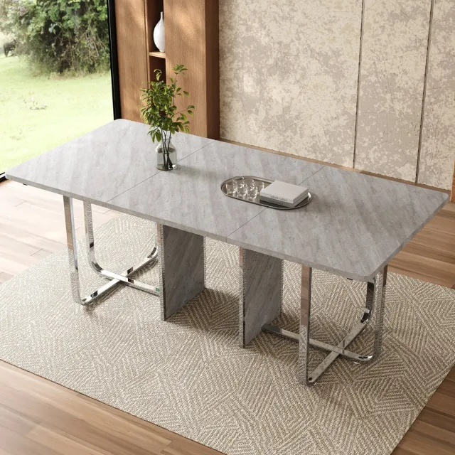 MEUNIQ eettafel 180 x 80 x 75 cm rechthoekig met grijs MDF tafelblad en zilverkleurige metalen poten, modern voor eetkamer en dagelijks gebruik