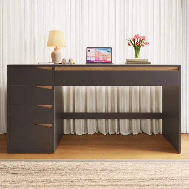 HAUSS SPOLE Bureau - Ruim Werkblad Met Vijf Lades - Voor Thuiswerken, Studeren En Verzorging - MDF - 140x50x78 Cm - Grijs Eikenlook