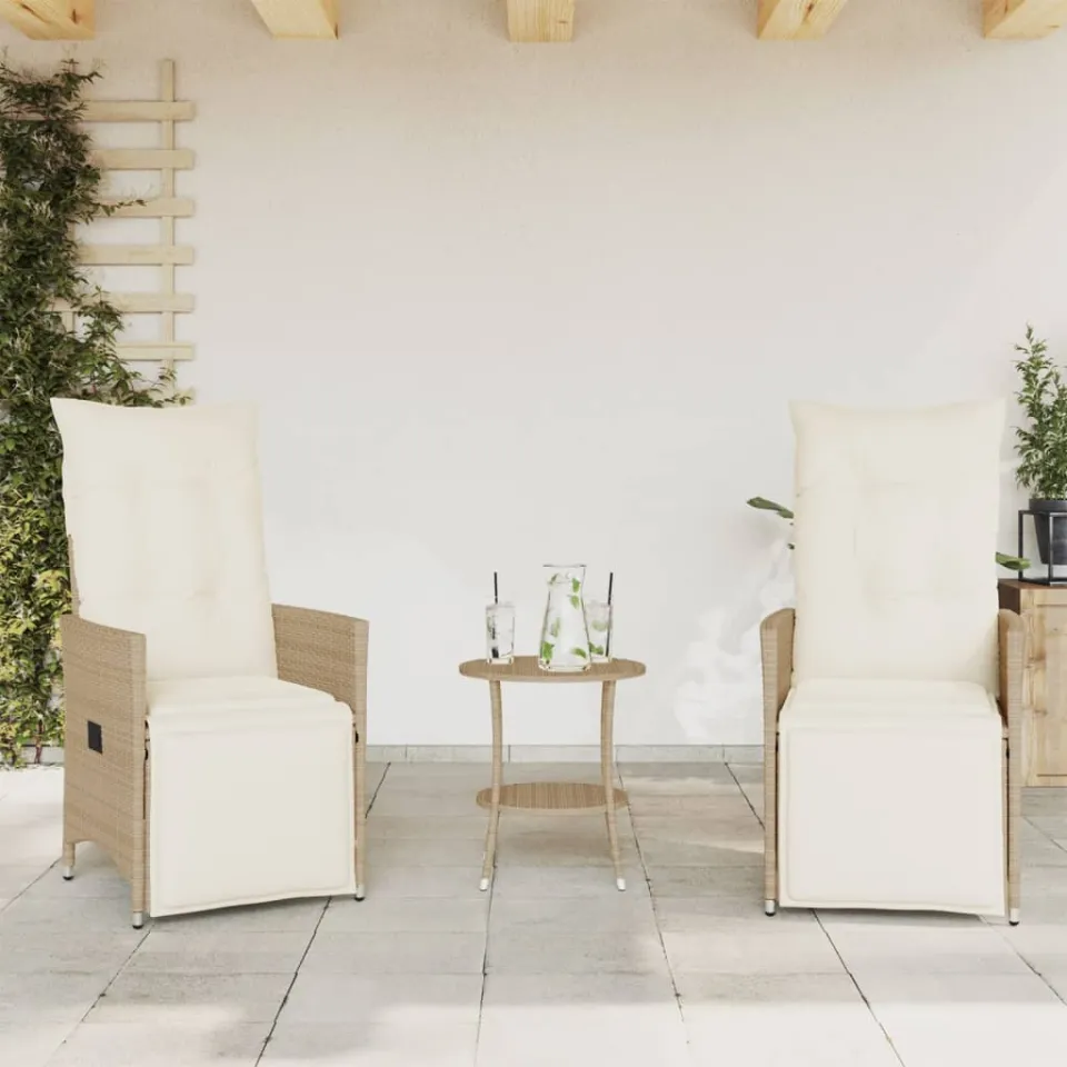 vidaXL 3-delige Bistroset met kussens poly rattan beige, foto 2