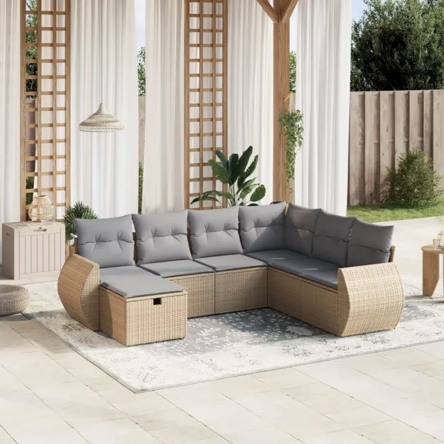 vidaXL 7-delige Loungeset met kussens poly rattan gemengd beige, foto 2