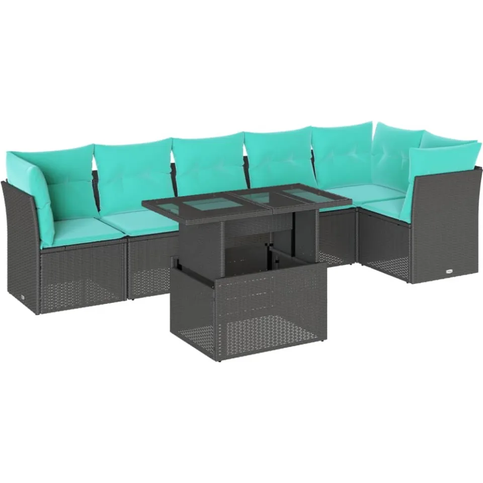 vidaXL 7-delige tuinbankset met kussens van zwart polyrotan