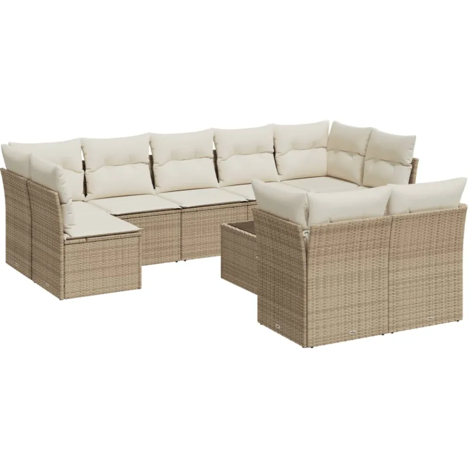 vidaXL 10-delige Loungeset met kussens poly rattan beige