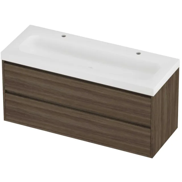 Proline Haga Badmeubelset Polystone Mezza 2 Kraangaten Greeploos 120x46x58 cm Mat White Vital Oak Eiken