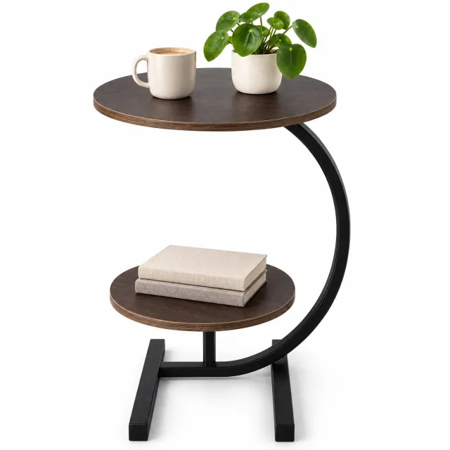 Levano Bijzettafel - Sidetable Industrieel - Bijzettafeltjes Woonkamer - Tafeltje voor bij de Bank - Ronde Tafel - Koffietafel - Sidetable Hout - Bank Tafeltje - Bijzettafels Metaal met Hout - Bijzettafeltje Rond - Tafel met Opbergruimte Bruin;Zwart