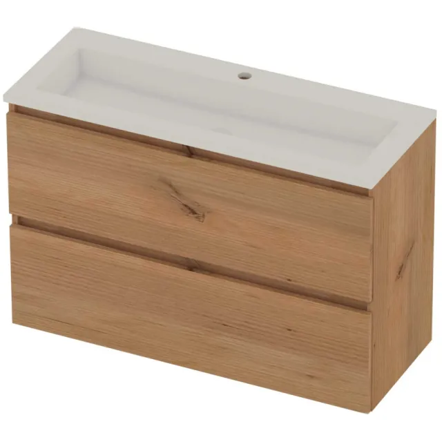 Basic-Line Mood 39 Badmeubelset Acryl 1 Kraangat Greeploos 100x39x62 cm Whisky Oak Glans Wit