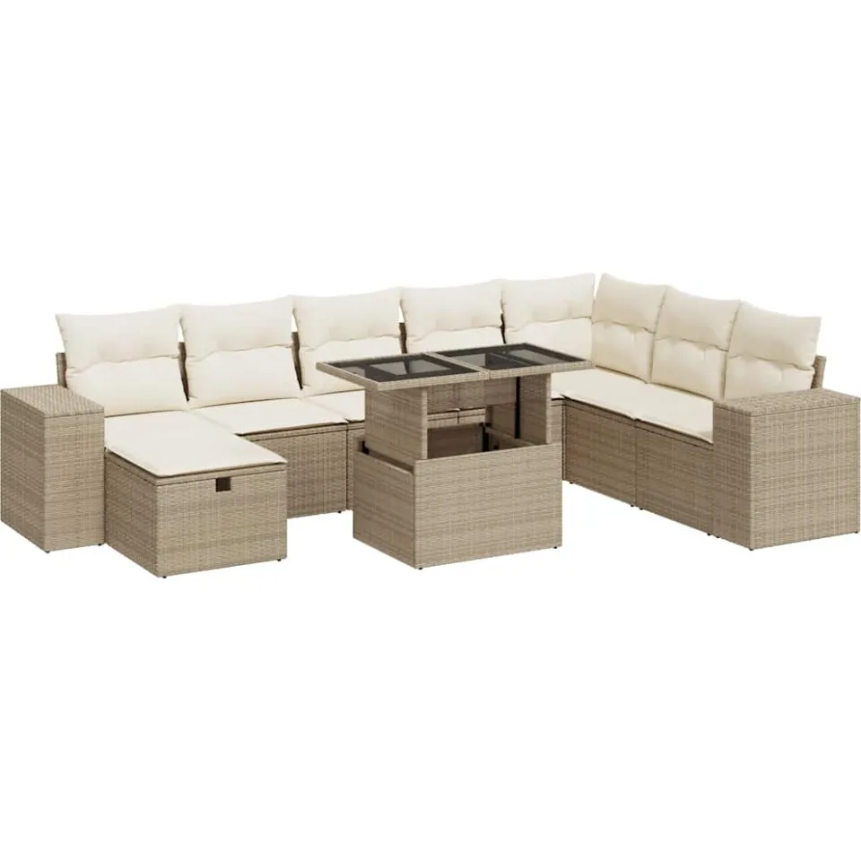 vidaXL 9-delige Loungeset met kussens poly rattan beige, foto 3