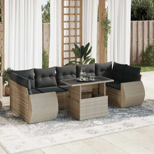 vidaXL 8-delige Loungeset met kussens poly rattan lichtgrijs grijs, foto 2