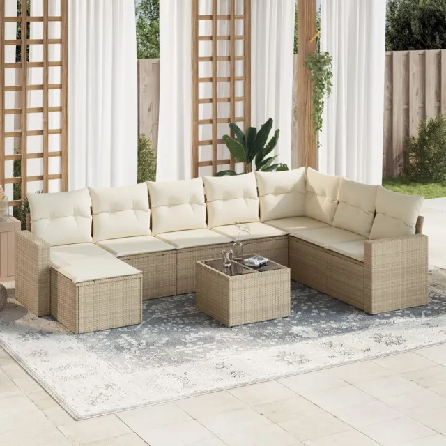 vidaXL 9-delige Loungeset met kussens poly rattan beige, foto 2