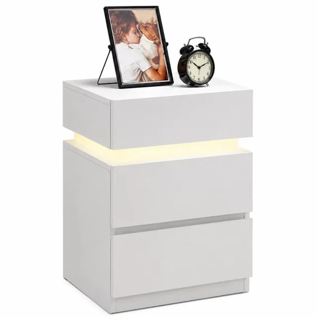 Allero Nachtkastje - Nachtkastjes - Wit - Met LED verlichting - Instelbare Kleuren - 3 Lades - Nachtkastjes Modern - 35x40x55 cm