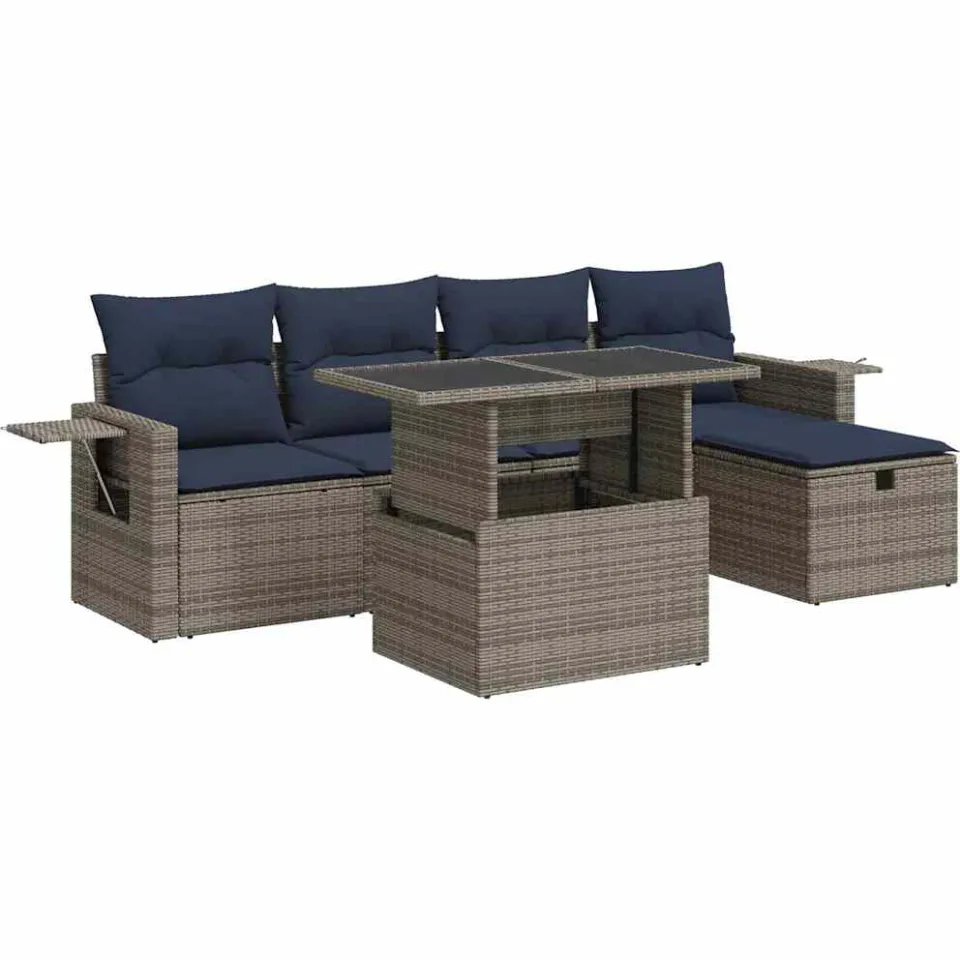 vidaXL 6-delige Loungeset met kussens poly rattan acacia grijs, foto 3
