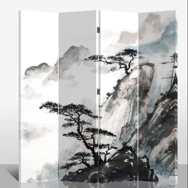 Fine Asianliving Chinees Kamerscherm Oosters Scheidingswand B160xH180cm 4 Panelen Chinese Bergen Grijs