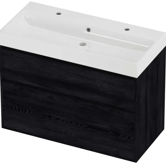 Proline Podium Badmeubelset Polystone Loft 2 Kraangaten Greeploos 100x46x75 cm Glans Wit Black Oak Eiken
