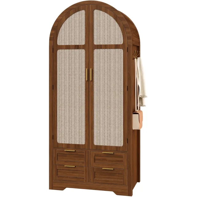 Lemlit Kledingkast met rotan deuren, gebogen design, kledingroede en lades, 80 x 50 x 180 cm, MDF, walnootkleur
