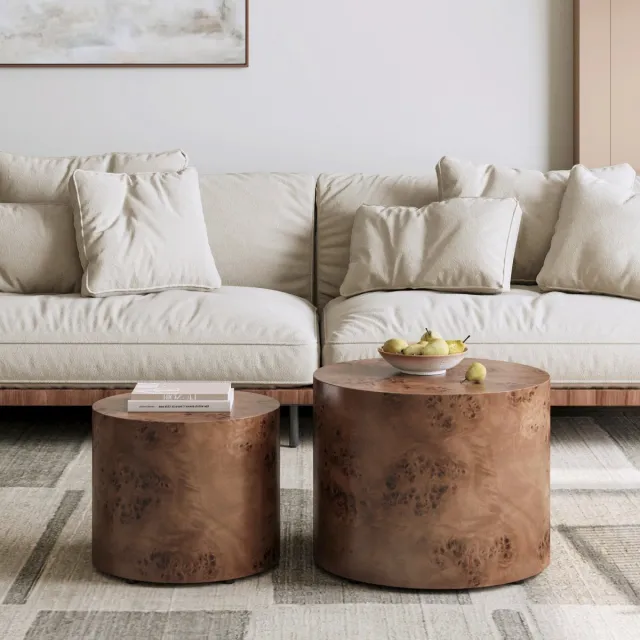 STILVORA Salontafel Set Van 2 - Ronde Nesttafels Voor Woonkamer En Slaapkamer - Burlfineer En MDF - Donkerbruin - 92x92x38 Cm Dark Brown