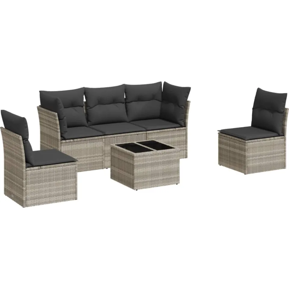 vidaXL 6-delige Loungeset met kussens poly rattan lichtgrijs grijs
