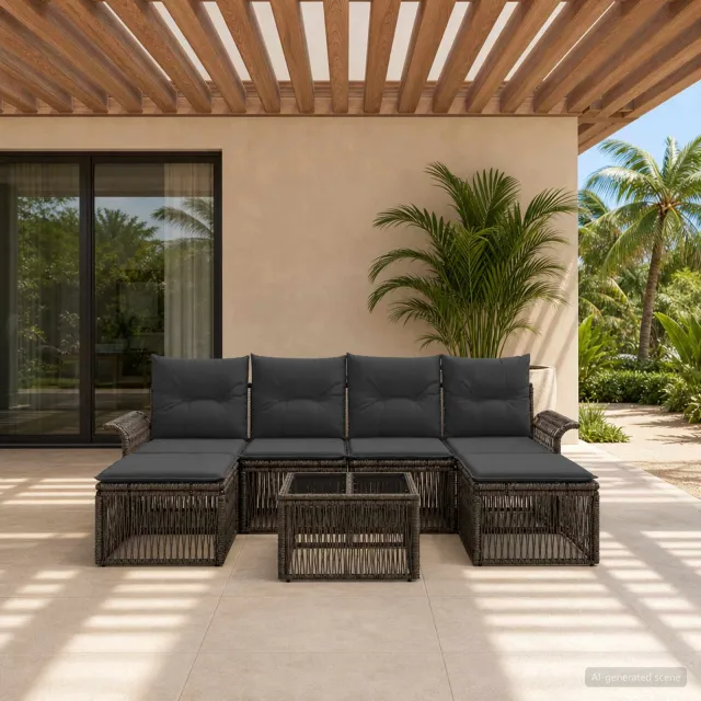vidaXL Tuinbankenset 7 st 6-zits Grijs poly rattan, foto 2