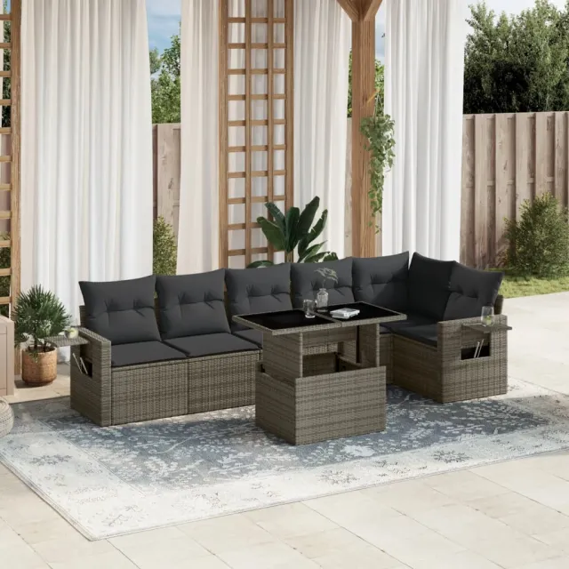 vidaXL 7-delige Loungeset met kussens poly rattan grijs, foto 2