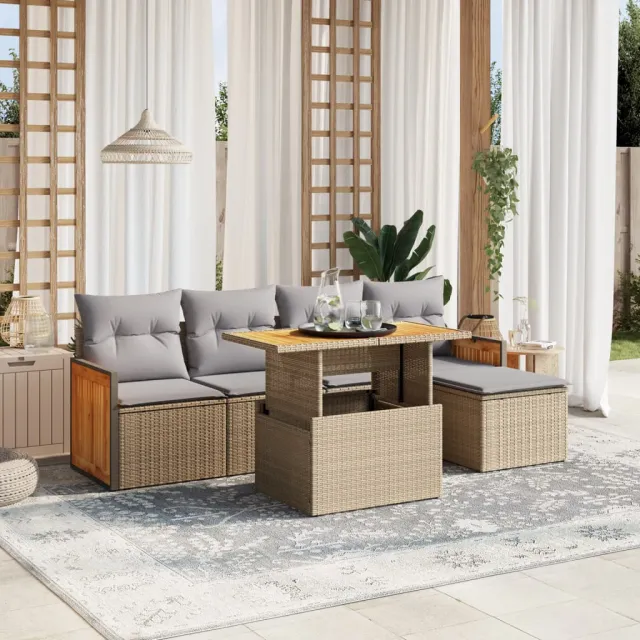 vidaXL 6-delige Loungeset met kussens poly rattan beige, foto 2