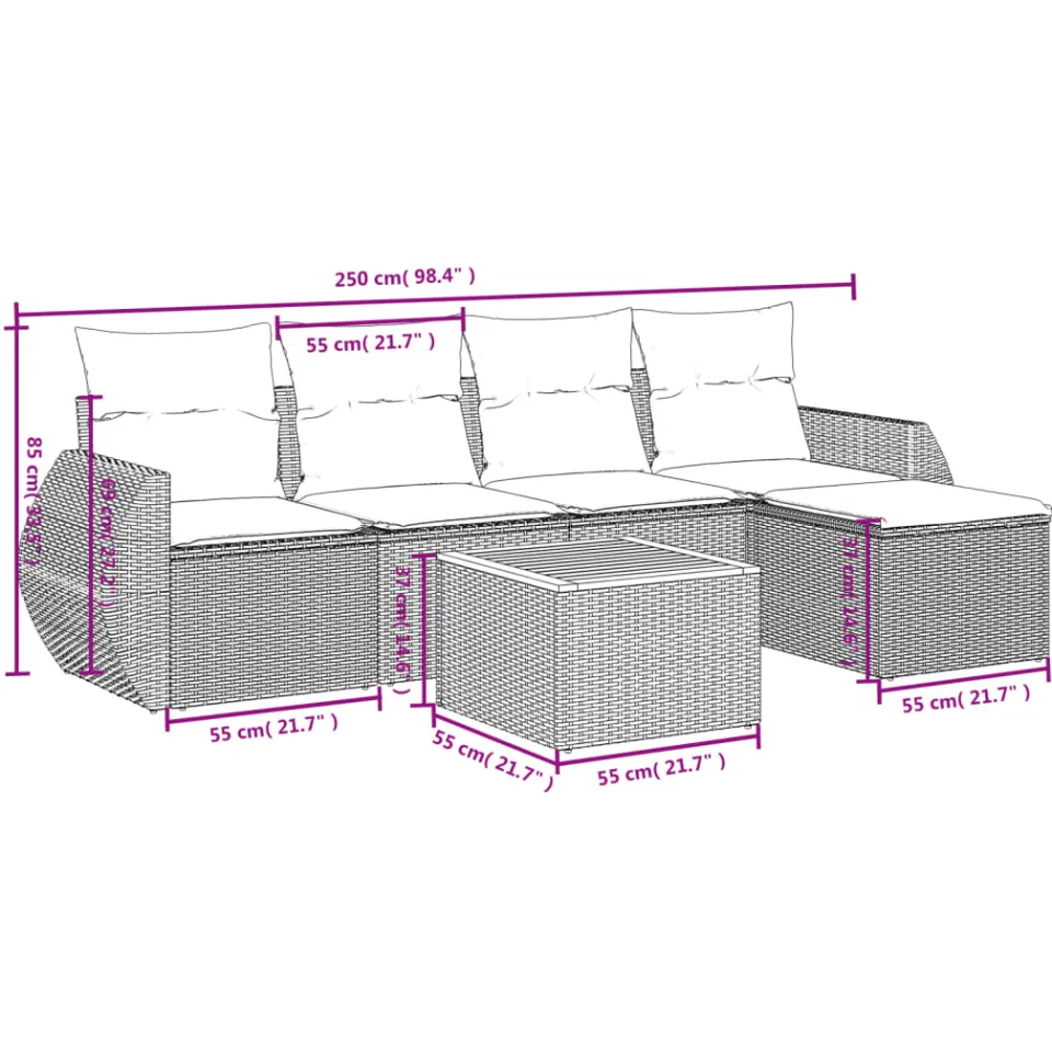 vidaXL 6-delige Loungeset met kussens poly rattan beige, foto 3