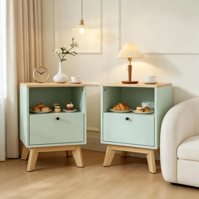 REDOM Set van 2 nachtkastjes - Lade en open opbergvak - MDF - Lichtgroen en eikeneffect - Moderne stijl - 40 x 40 x 55 cm
