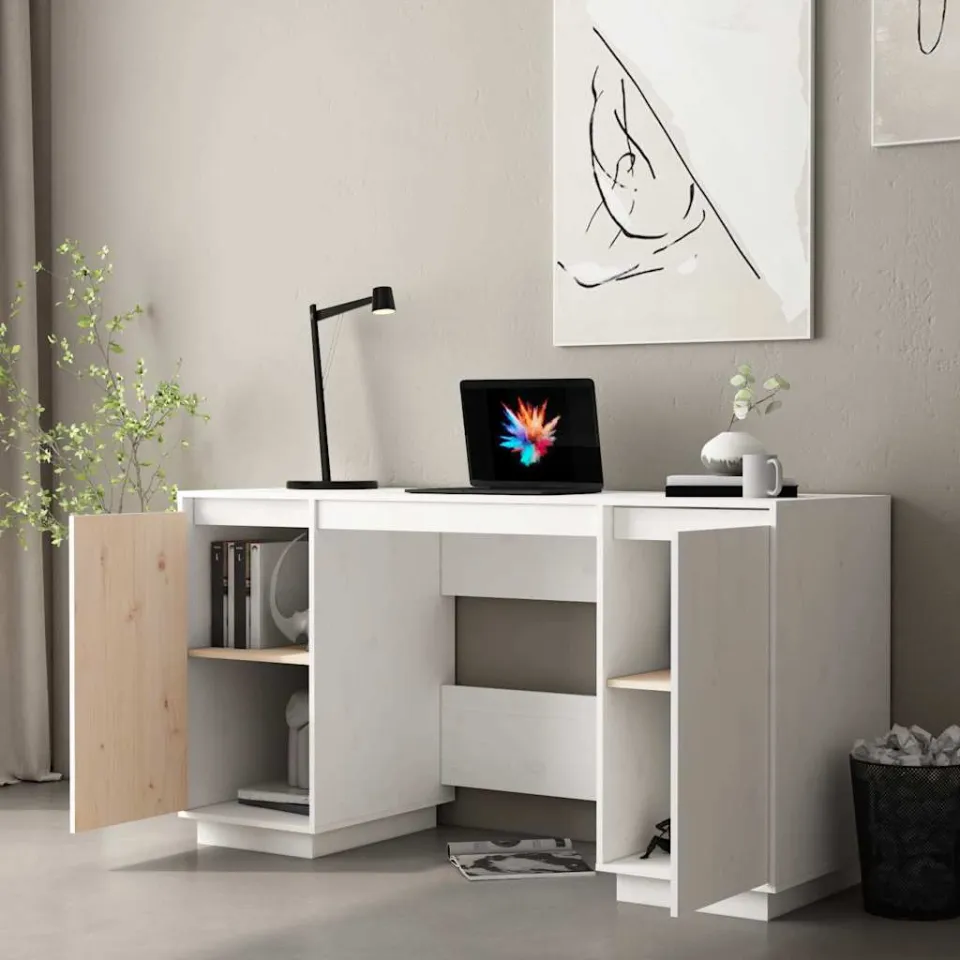 vidaXL Bureau 140x50x75 cm massief grenenhout wit, foto 3