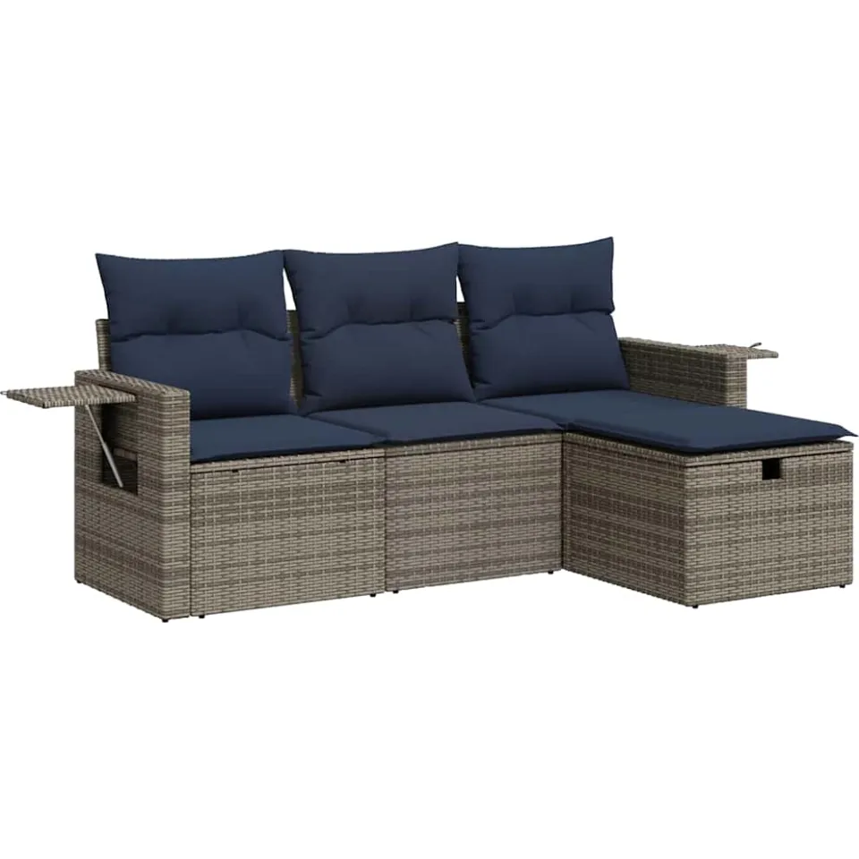 vidaXL 4-delige Loungeset met kussens poly rattan grijs, foto 3