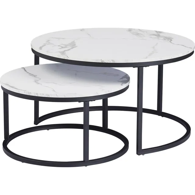 Happyment Luxe Salontafel wit - Marmour look - Set van 2 - Landelijk - Woonkamer - Zwart frame - Rond - 80 en 60cm