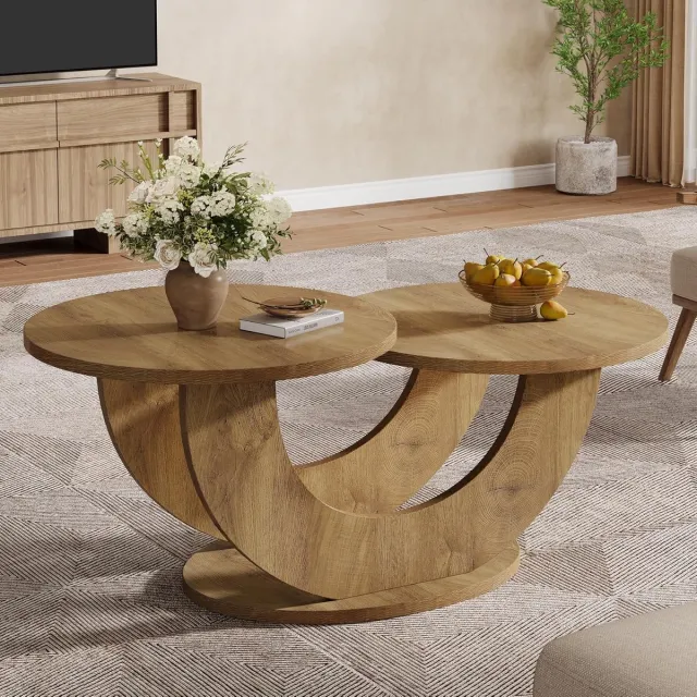Tribesigns Ronde Salontafel - 115×60×50 CM - Boerderij 2 Tier salontafel met U-vormig frame - Natuurlijk - Voor Woonkamers, Thuiskantoor