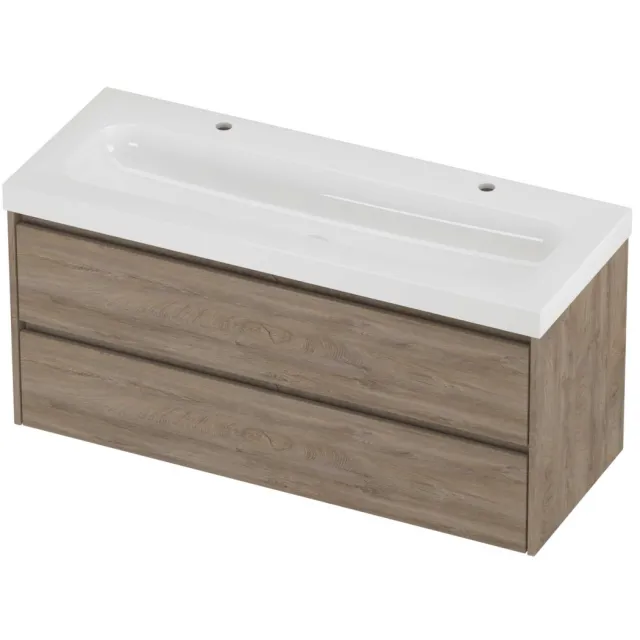 Proline Haga Badmeubelset Polystone Mezza 2 Kraangaten Symmetrisch 120x46x58 cm Glans Wit Raw Oak Eiken