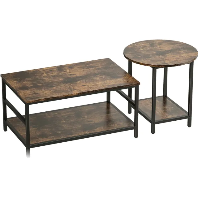 Homona Salontafelset - 2-delig - Rechthoekig en rond - Met opbergplanken en verstelbare voetjes - Houtlook - 80 x 54 x 41 cm en Ø60 x 51 cm - Rustiek bruin/Zwart