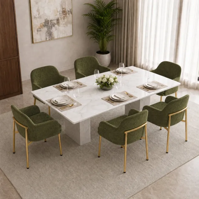 STILVORA Eetkamerstoel 61 x 59 x 78,5 Cm - Set Van 6 Met Armleuningen - Verstelbare Voetdoppen - Polyester En Metaal - Groen En Goud