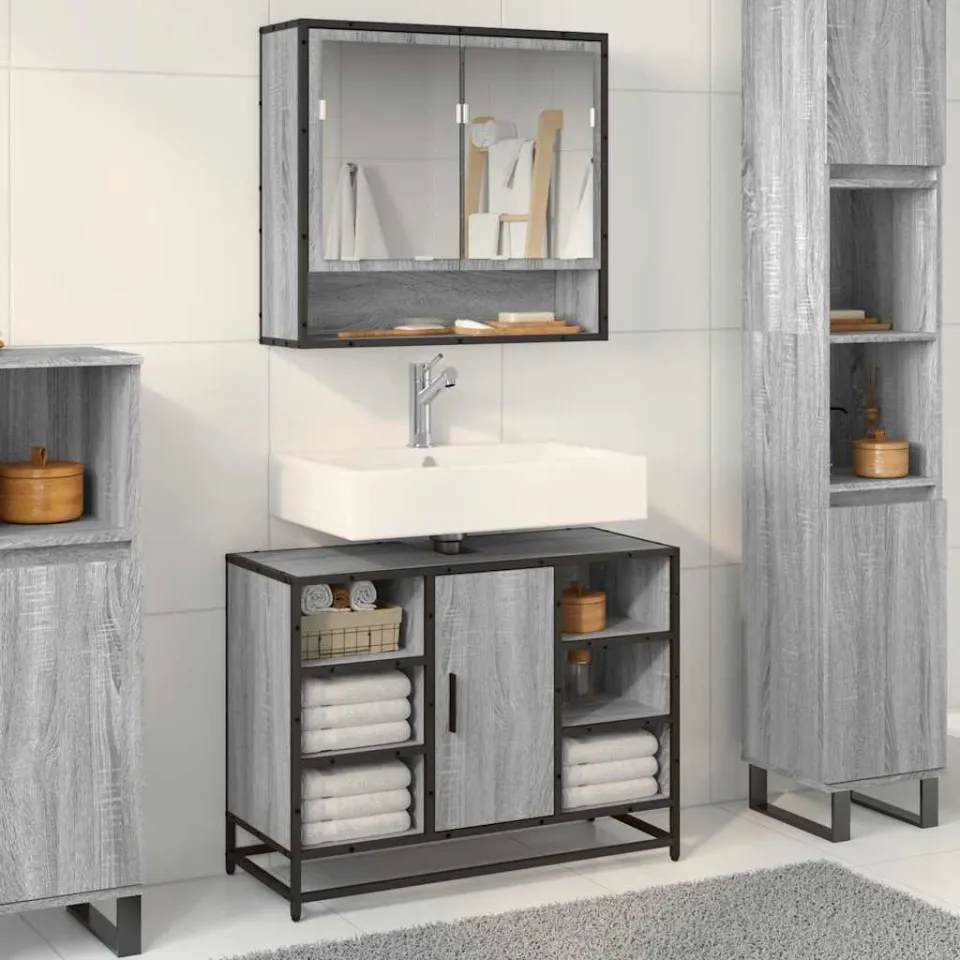 vidaXL Wastafelkast 80x33x60 cm bewerkt hout grijs sonoma eikenkleurig, foto 4