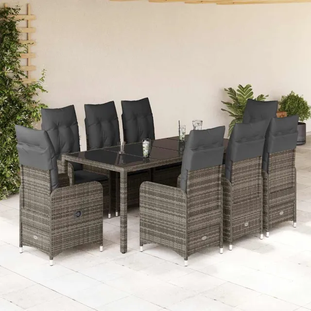 vidaXL 9-delige Bistroset met kussens poly rattan grijs, foto 2