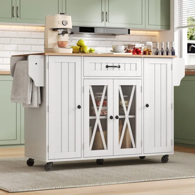 HAUSS SPOLE Keukeneiland - Opklapbaar Werkblad En Vergrendelbare Wielen - Voor Keuken En Eethoek - MDF En Spaanplaat - Wit - 120x69x90 Cm