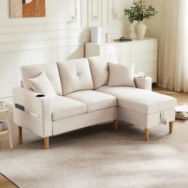 DESMIU Hoekbank 175 Cm - 3-Zits Met Chaise Longue, Opbergruimte En Bekerhouders - Voor Woonkamer, Kantoor En Appartement - Katoen Linnen Beige