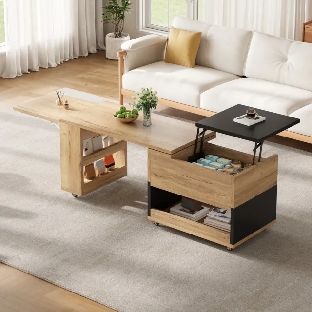 HAUSS SPOLE Multifunctionele Salontafel - Uitschuifbaar Met Opklapbaar Blad En 360 Graden Draaibaar Zijdeel - Voor Woonkamer - Hout - 161,5x46x67 Cm - Naturel Zwart Naturel en zwart